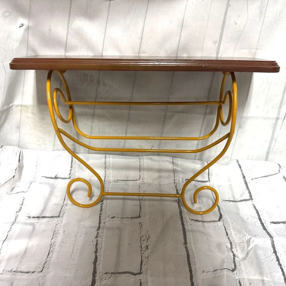 Farmhouse Red Orange Yellow Metal Wooden Wall Shelf with Scrolls 17.5x13.75 in